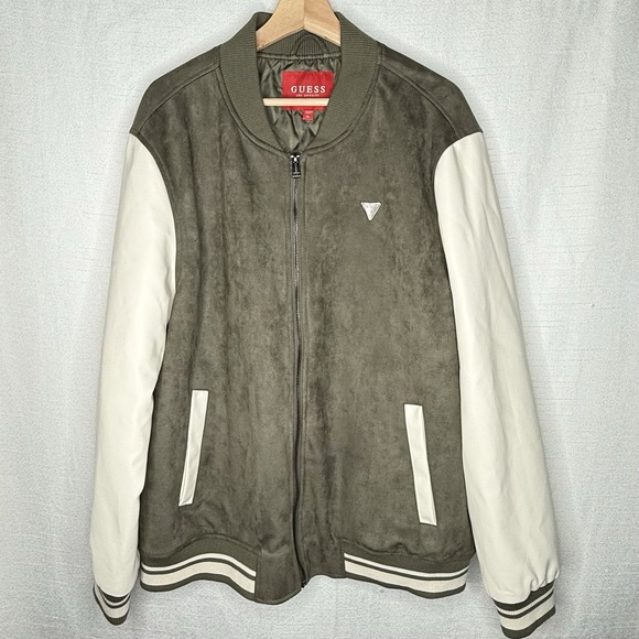Guess Other - Guess Varsity Bomber Jacket Mens XL Olive Green Faux Suede Leather Logo Trap